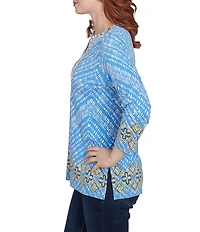 Ruby Rd. Knit Embellished Medallion Placement Border Print Split V-Neck 3/4 Sleeve Top
