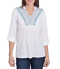 Ruby Rd. Knit Embroidery V-Neck 3/4 Roll-Tab Sleeve Top