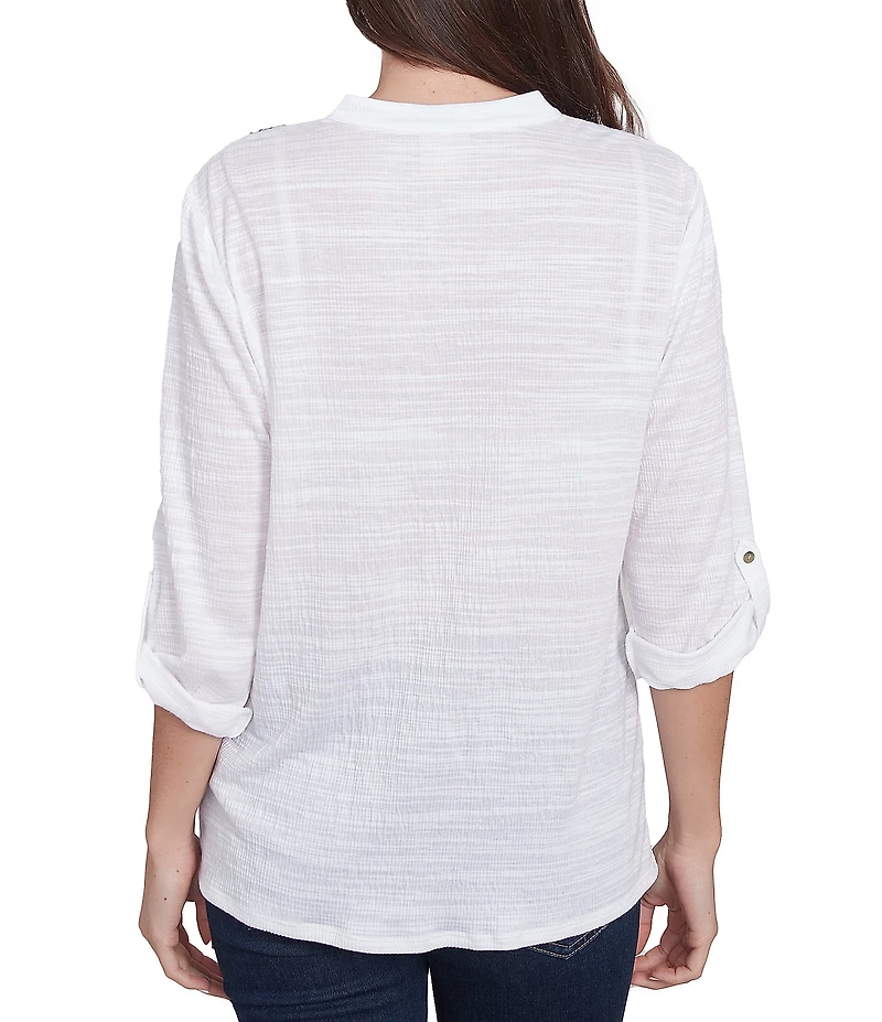 Ruby Rd. Knit Embroidery V-Neck 3/4 Roll-Tab Sleeve Top