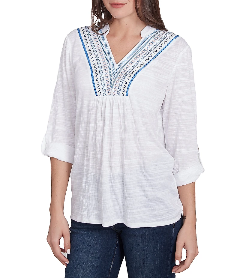 Ruby Rd. Knit Embroidery V-Neck 3/4 Roll-Tab Sleeve Top