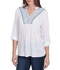 Ruby Rd. Knit Embroidery V-Neck 3/4 Roll-Tab Sleeve Top