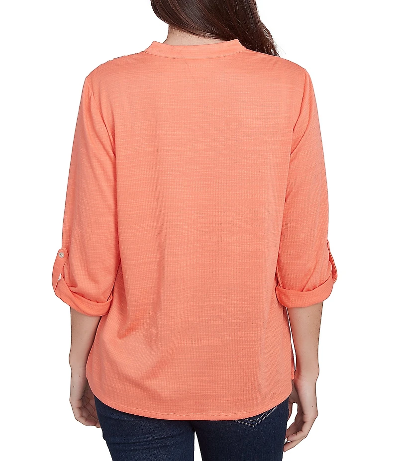 Ruby Rd. Knit Embroidery V-Neck 3/4 Roll-Tab Sleeve Top