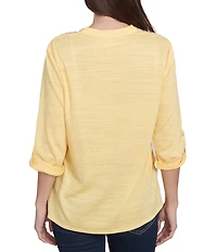 Ruby Rd. Knit Embroidery V-Neck 3/4 Roll-Tab Sleeve Top