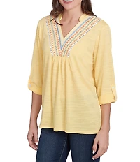 Ruby Rd. Knit Embroidery V-Neck 3/4 Roll-Tab Sleeve Top
