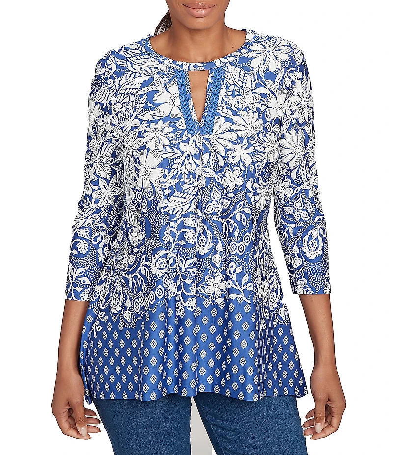 Ruby Rd. Knit Floral Border Print Keyhole Neck 3/4 Sleeve Top
