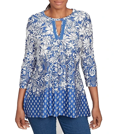 Ruby Rd. Knit Floral Border Print Keyhole Neck 3/4 Sleeve Top