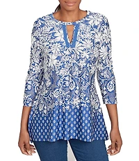 Ruby Rd. Knit Floral Border Print Keyhole Neck 3/4 Sleeve Top