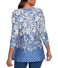 Ruby Rd. Knit Floral Border Print Keyhole Neck 3/4 Sleeve Top