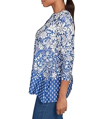 Ruby Rd. Knit Floral Border Print Keyhole Neck 3/4 Sleeve Top