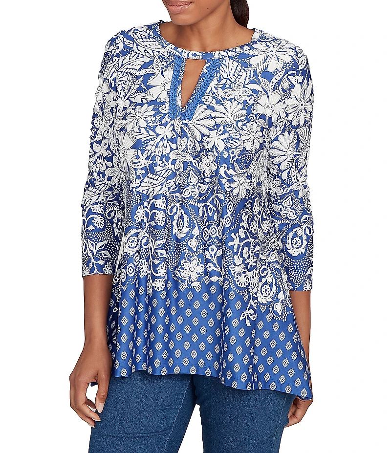 Ruby Rd. Knit Floral Border Print Keyhole Neck 3/4 Sleeve Top