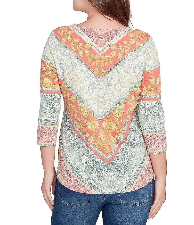 Ruby Rd. Knit Floral Chevron V-Neck 3/4 Sleeve Top