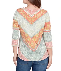 Ruby Rd. Knit Floral Chevron V-Neck 3/4 Sleeve Top