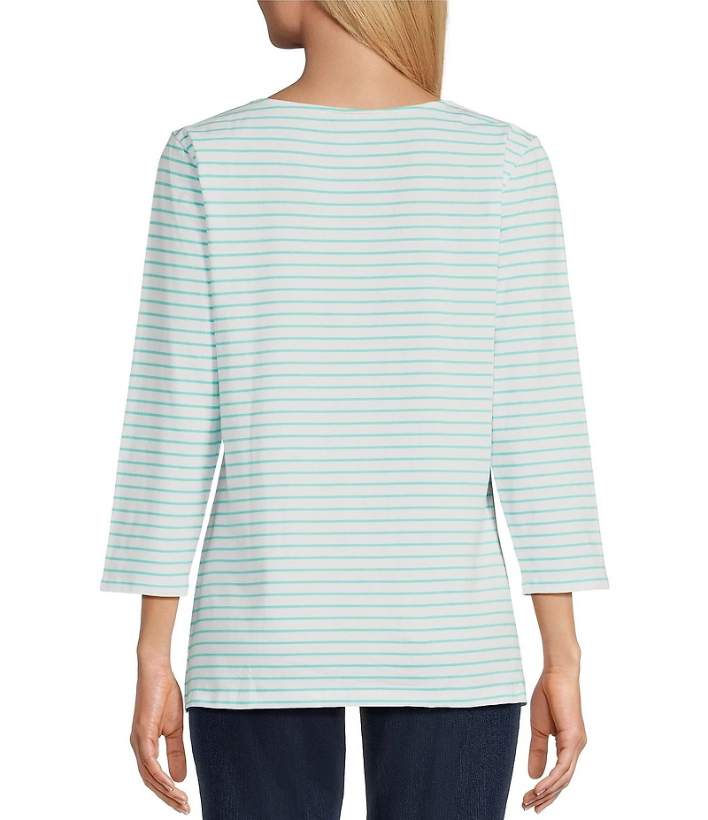 Ruby Rd. Knit Floral Embroidered Split Neck 3/4 Sleeve Top