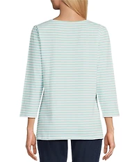 Ruby Rd. Knit Floral Embroidered Split Neck 3/4 Sleeve Top
