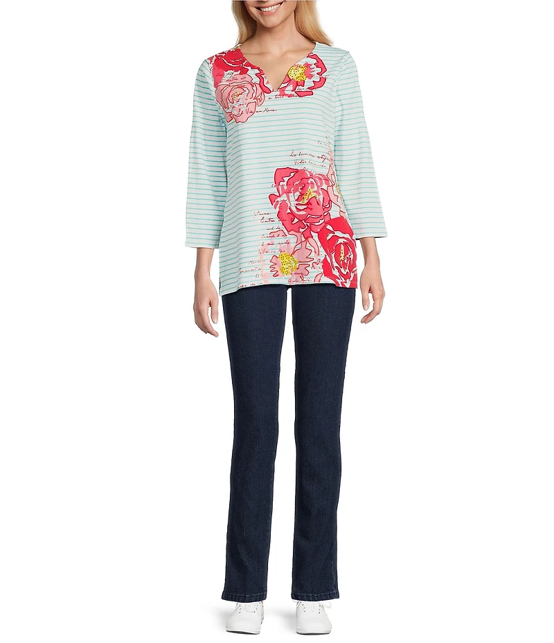 Ruby Rd. Knit Floral Embroidered Split Neck 3/4 Sleeve Top