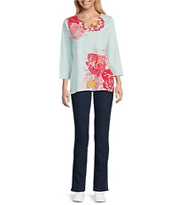 Ruby Rd. Knit Floral Embroidered Split Neck 3/4 Sleeve Top