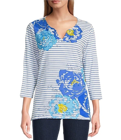 Ruby Rd. Knit Floral Embroidered Split Neck 3/4 Sleeve Top