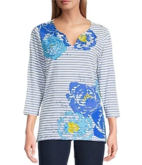 Ruby Rd. Knit Floral Embroidered Split Neck 3/4 Sleeve Top