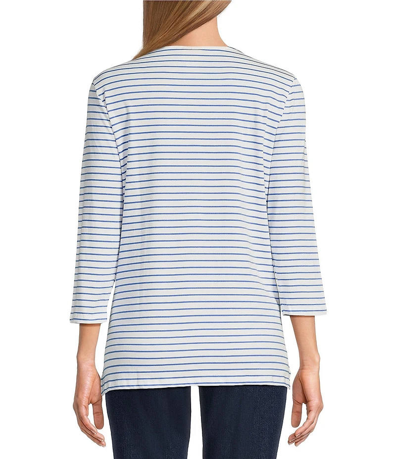 Ruby Rd. Knit Floral Embroidered Split Neck 3/4 Sleeve Top