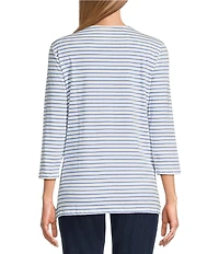 Ruby Rd. Knit Floral Embroidered Split Neck 3/4 Sleeve Top