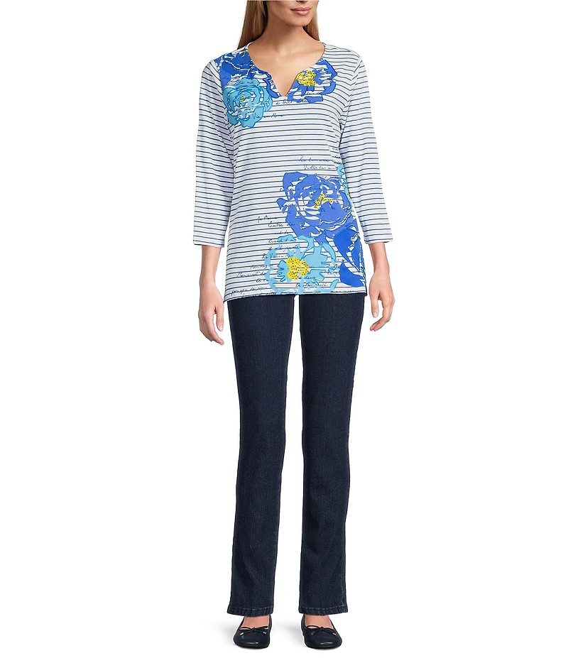 Ruby Rd. Knit Floral Embroidered Split Neck 3/4 Sleeve Top