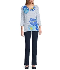 Ruby Rd. Knit Floral Embroidered Split Neck 3/4 Sleeve Top
