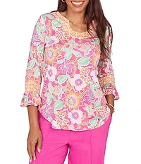 Ruby Rd. Knit Floral Horseshoe Neck 3/4 Ruffle Trim Sleeve Top