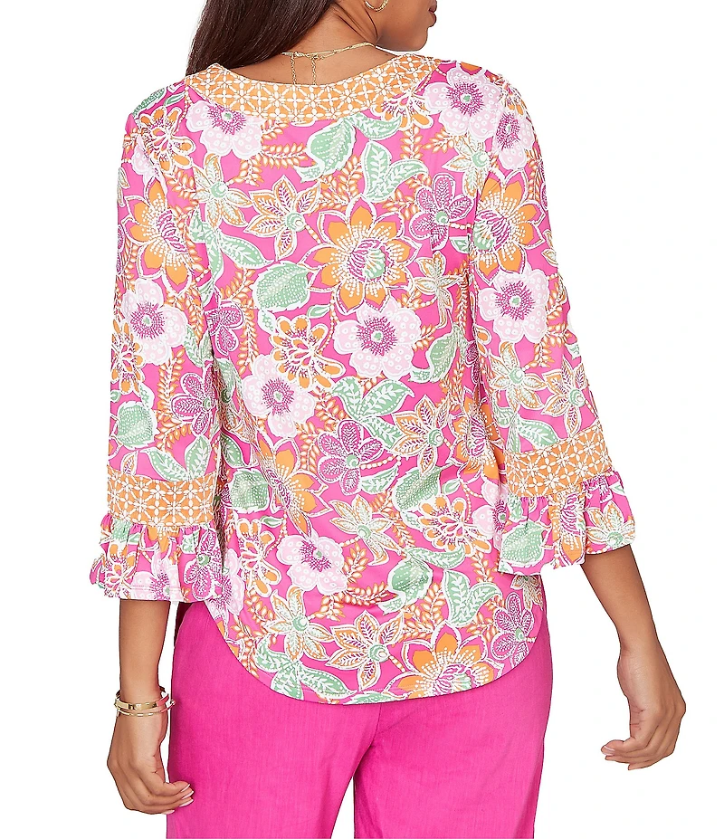 Ruby Rd. Knit Floral Horseshoe Neck 3/4 Ruffle Trim Sleeve Top
