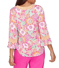 Ruby Rd. Knit Floral Horseshoe Neck 3/4 Ruffle Trim Sleeve Top