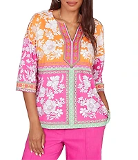 Ruby Rd. Knit Floral Patchwork Print V-Neck 3/4 Sleeve Top