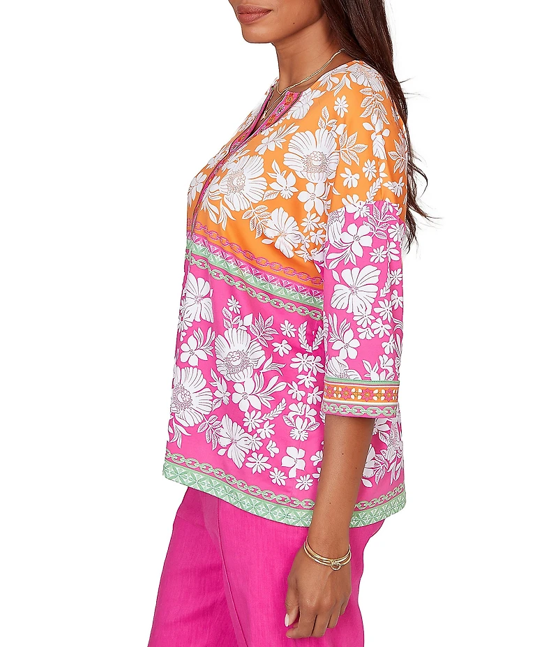 Ruby Rd. Knit Floral Patchwork Print V-Neck 3/4 Sleeve Top