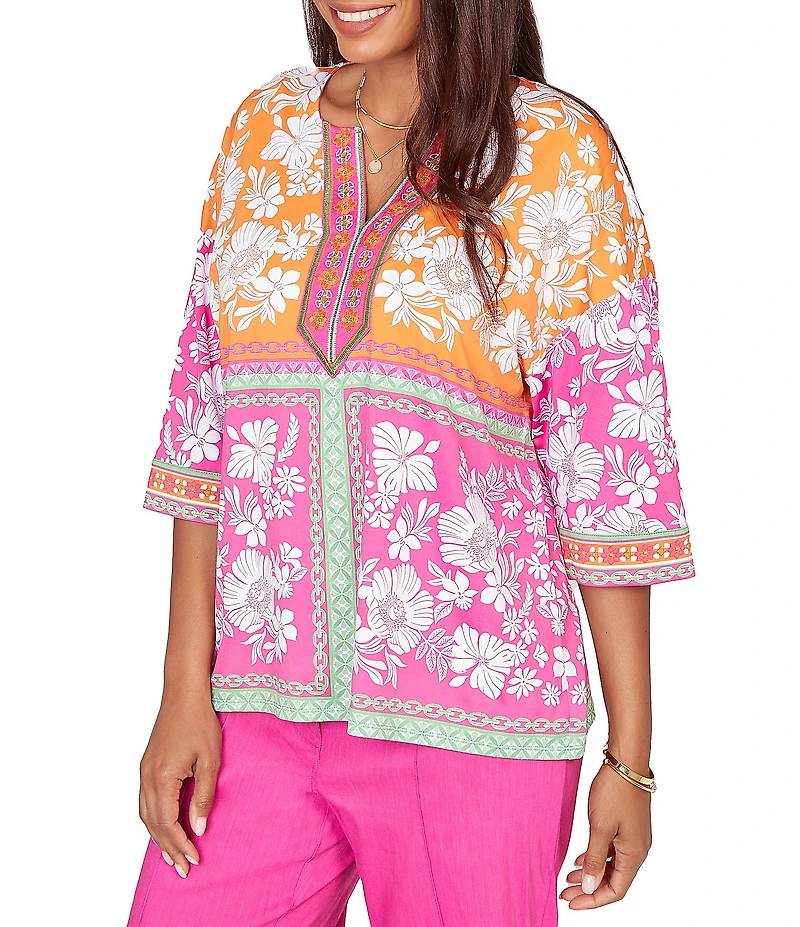 Ruby Rd. Knit Floral Patchwork Print V-Neck 3/4 Sleeve Top