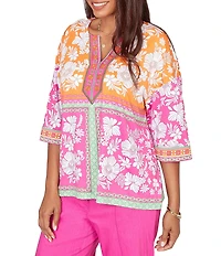 Ruby Rd. Knit Floral Patchwork Print V-Neck 3/4 Sleeve Top