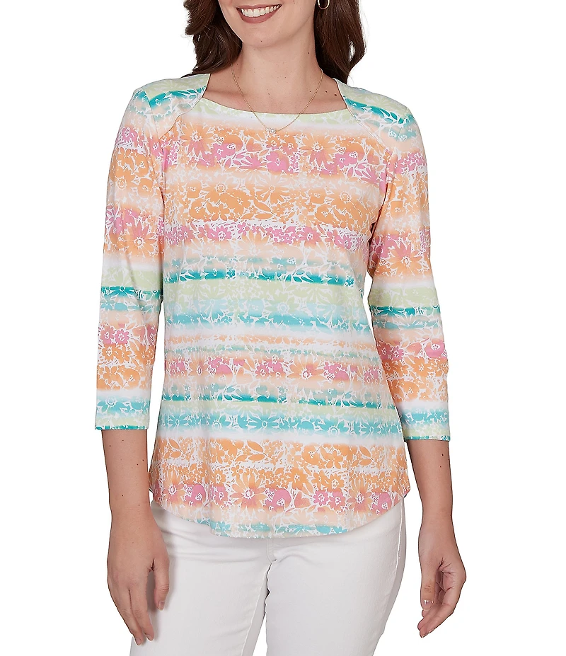 Ruby Rd. Knit Floral Stripe Square Neck 3/4 Sleeve Top
