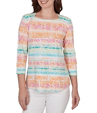 Ruby Rd. Knit Floral Stripe Square Neck 3/4 Sleeve Top