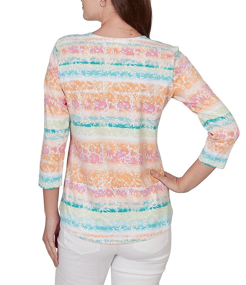 Ruby Rd. Knit Floral Stripe Square Neck 3/4 Sleeve Top
