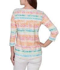 Ruby Rd. Knit Floral Stripe Square Neck 3/4 Sleeve Top