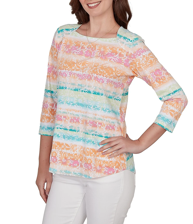 Ruby Rd. Knit Floral Stripe Square Neck 3/4 Sleeve Top