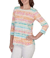 Ruby Rd. Knit Floral Stripe Square Neck 3/4 Sleeve Top