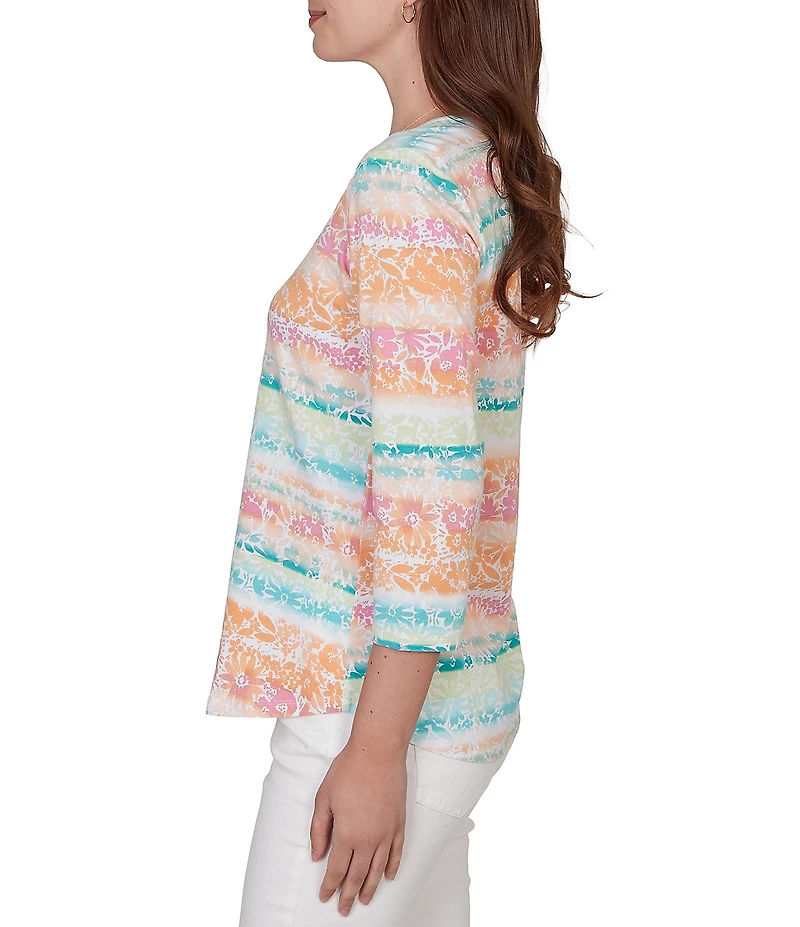 Ruby Rd. Knit Floral Stripe Square Neck 3/4 Sleeve Top