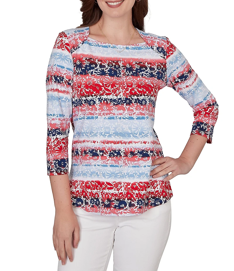 Ruby Rd. Knit Floral Stripe Square Neck 3/4 Sleeve Top