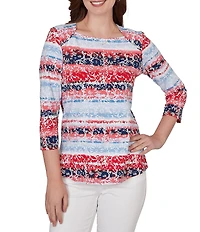 Ruby Rd. Knit Floral Stripe Square Neck 3/4 Sleeve Top