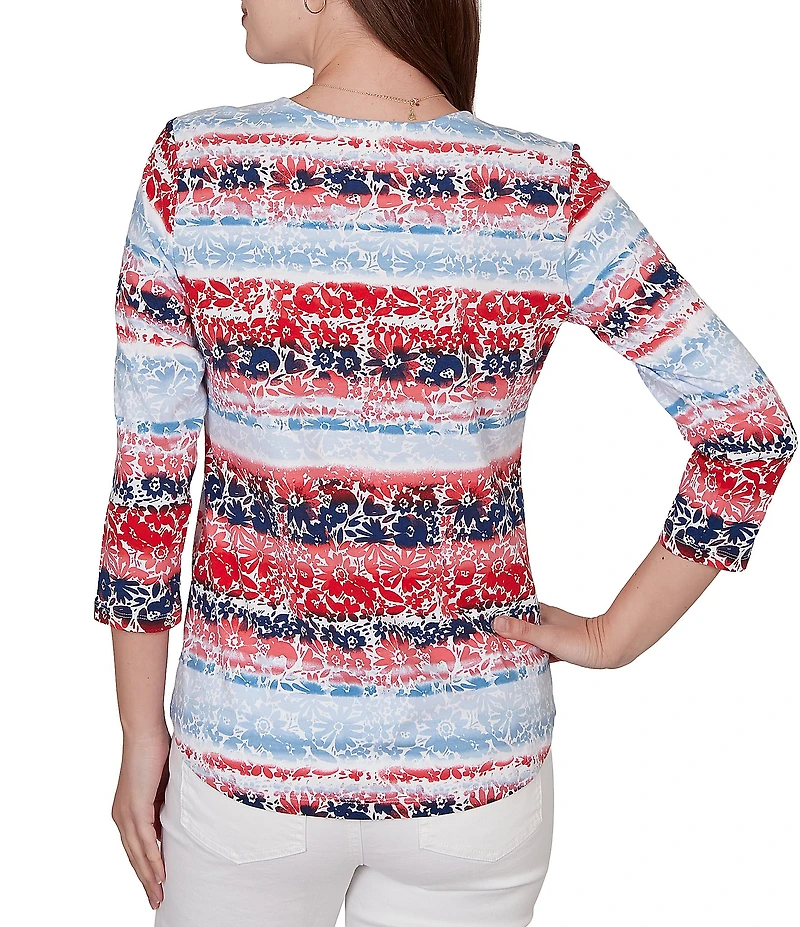 Ruby Rd. Knit Floral Stripe Square Neck 3/4 Sleeve Top