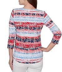 Ruby Rd. Knit Floral Stripe Square Neck 3/4 Sleeve Top