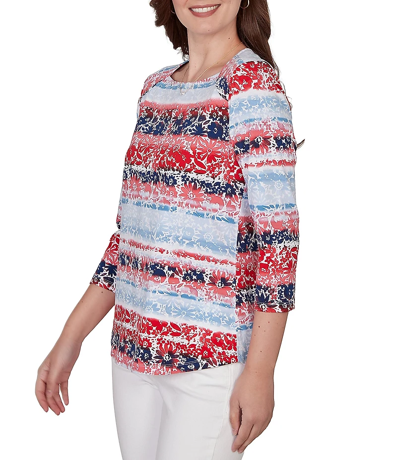 Ruby Rd. Knit Floral Stripe Square Neck 3/4 Sleeve Top