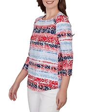 Ruby Rd. Knit Floral Stripe Square Neck 3/4 Sleeve Top