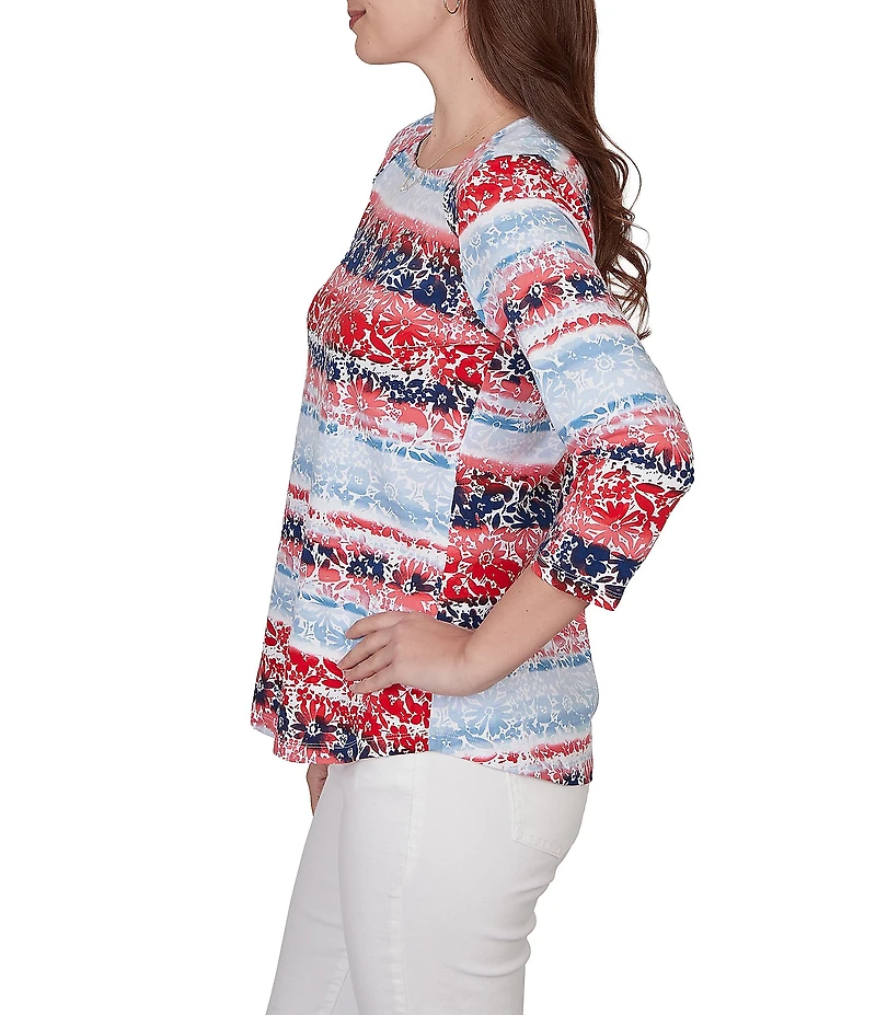 Ruby Rd. Knit Floral Stripe Square Neck 3/4 Sleeve Top