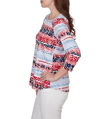 Ruby Rd. Knit Floral Stripe Square Neck 3/4 Sleeve Top