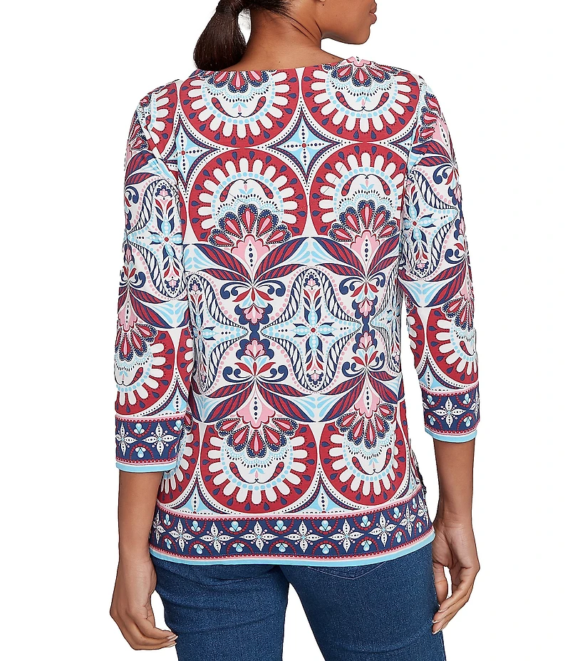 Ruby Rd. Knit Geometric Print Soutache Embellishments Split V-Neck 3/4 Sleeve Top