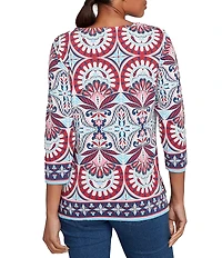 Ruby Rd. Knit Geometric Print Soutache Embellishments Split V-Neck 3/4 Sleeve Top